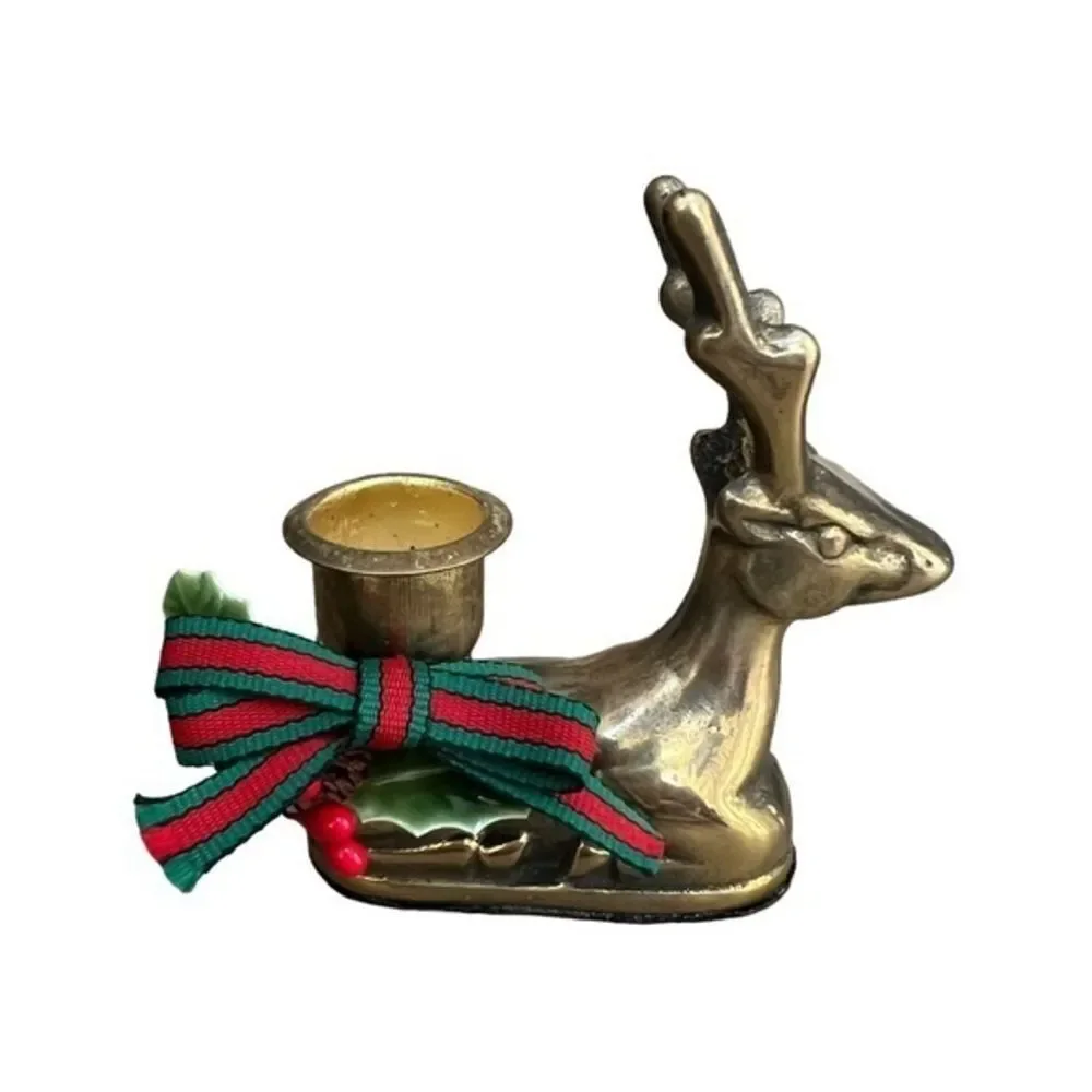 Brass Christmas Sitting Reindeer Deer Candle Holders Vintage Home Decor Holiday